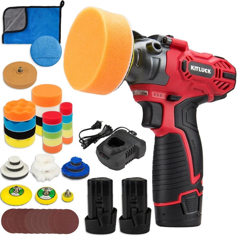 KITLUCK Cordless Buffer Polisher, 12V Mini Wax Buffer & Sander with 2 X 2.5Ah Battery & Charger, 1/2/3" Backing Plate, 40pcs Polishing Pads, Variable Speed for Car Detailing/Buffing/Sanding/Waxing - Image 1